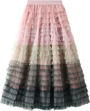Women Tulle Tutu Skirt Multilayer Casual Gradient Color Elastic Mesh Princess Skirt Ruffle Swing Casual Long Maxi Skirts