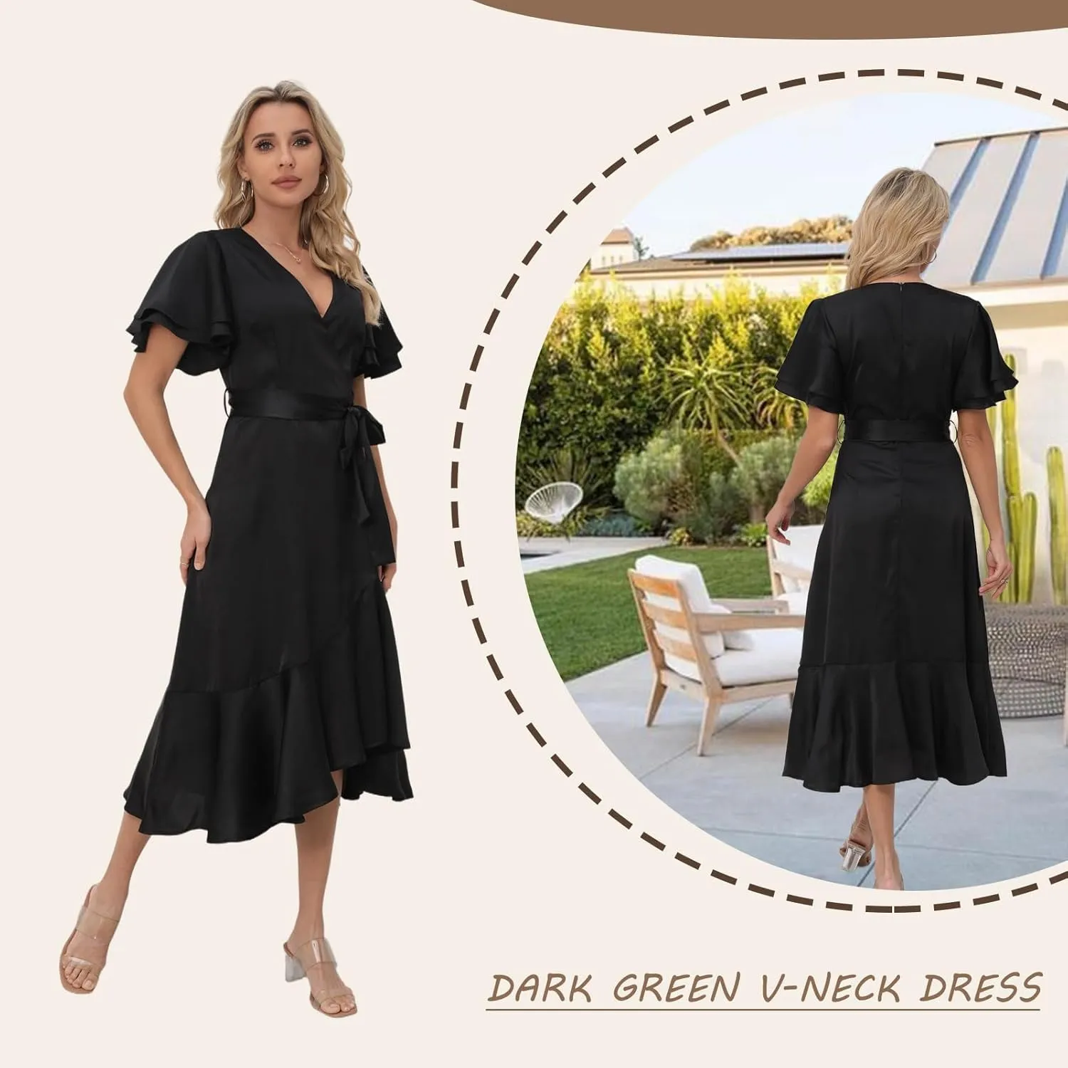 Women's 2025 Summer Cross Midi Dress Casual Boho Deep V Neck Short Sleeve Ruffle Hem Semi-Formal Dress