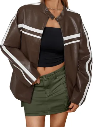Womens Color Block Faux Leather Jacket Trendy Long Sleeve Oversized Vintage Motorcycle Jacket Fall Casual Biker Outwear