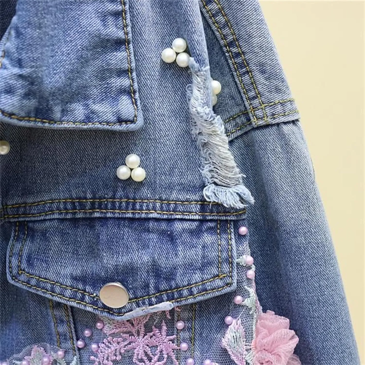 Women's Denim Jackets Embroidery Flower Hole Spring Autumn Short Casual Jean Coats