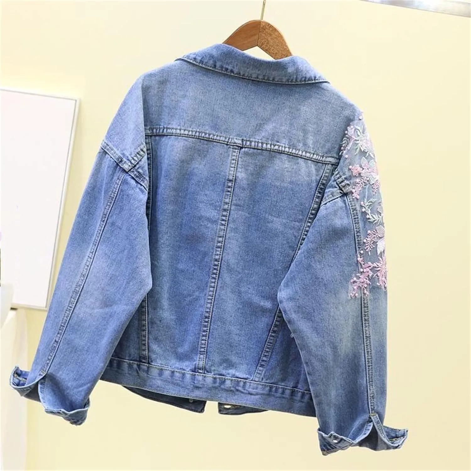 Women's Denim Jackets Embroidery Flower Hole Spring Autumn Short Casual Jean Coats