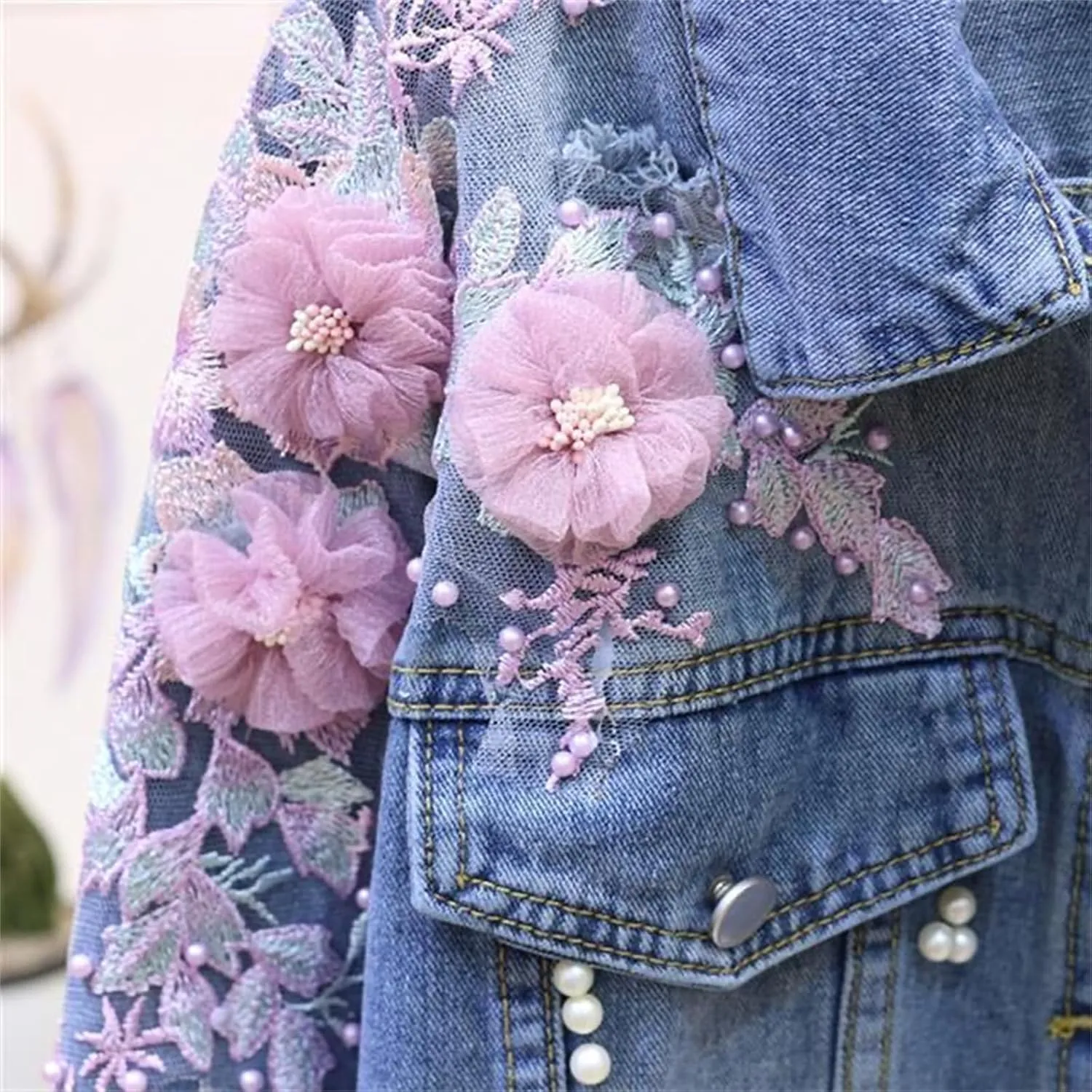 Women's Denim Jackets Embroidery Flower Hole Spring Autumn Short Casual Jean Coats