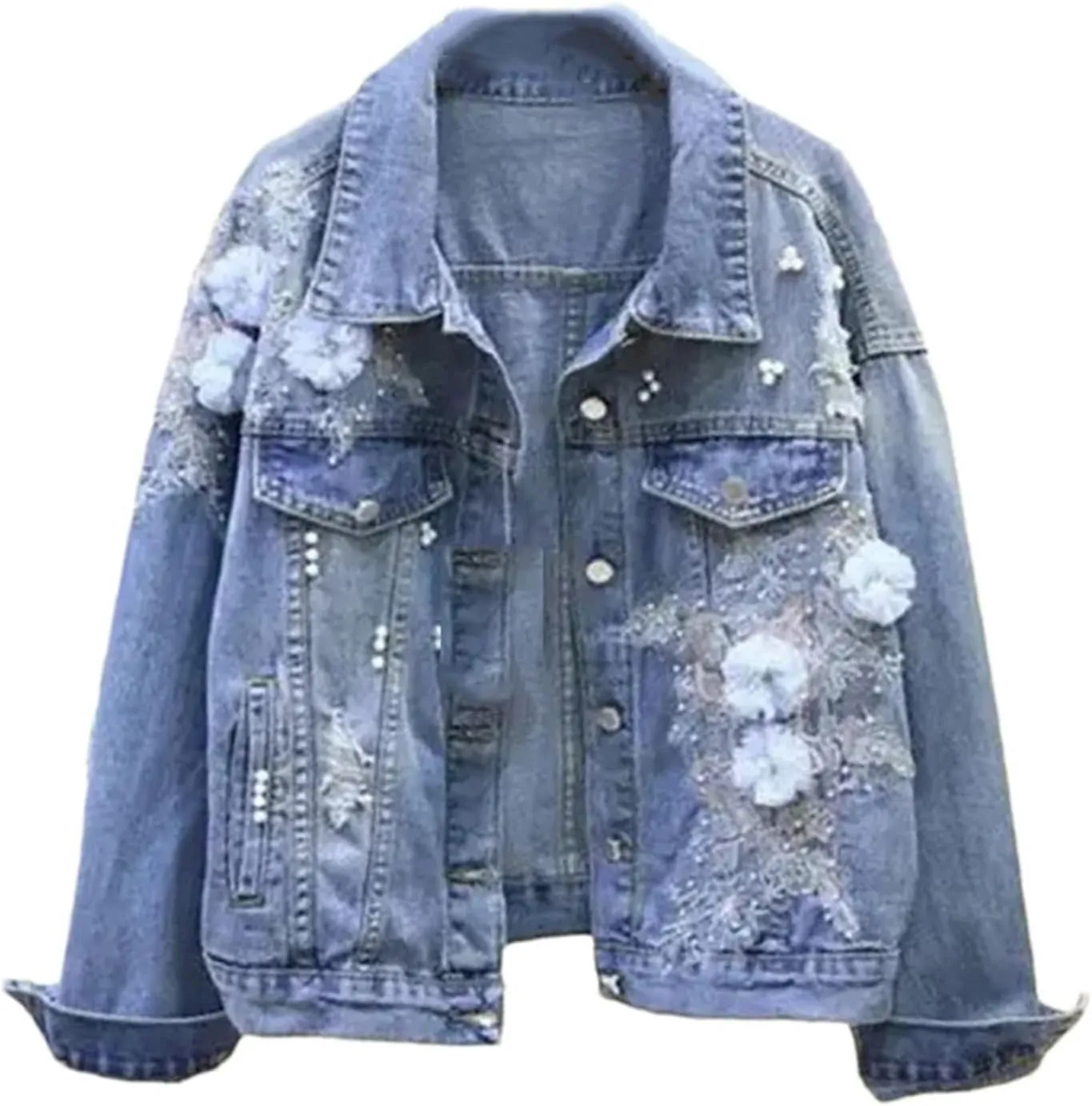 Women's Denim Jackets Embroidery Flower Hole Spring Autumn Short Casual Jean Coats