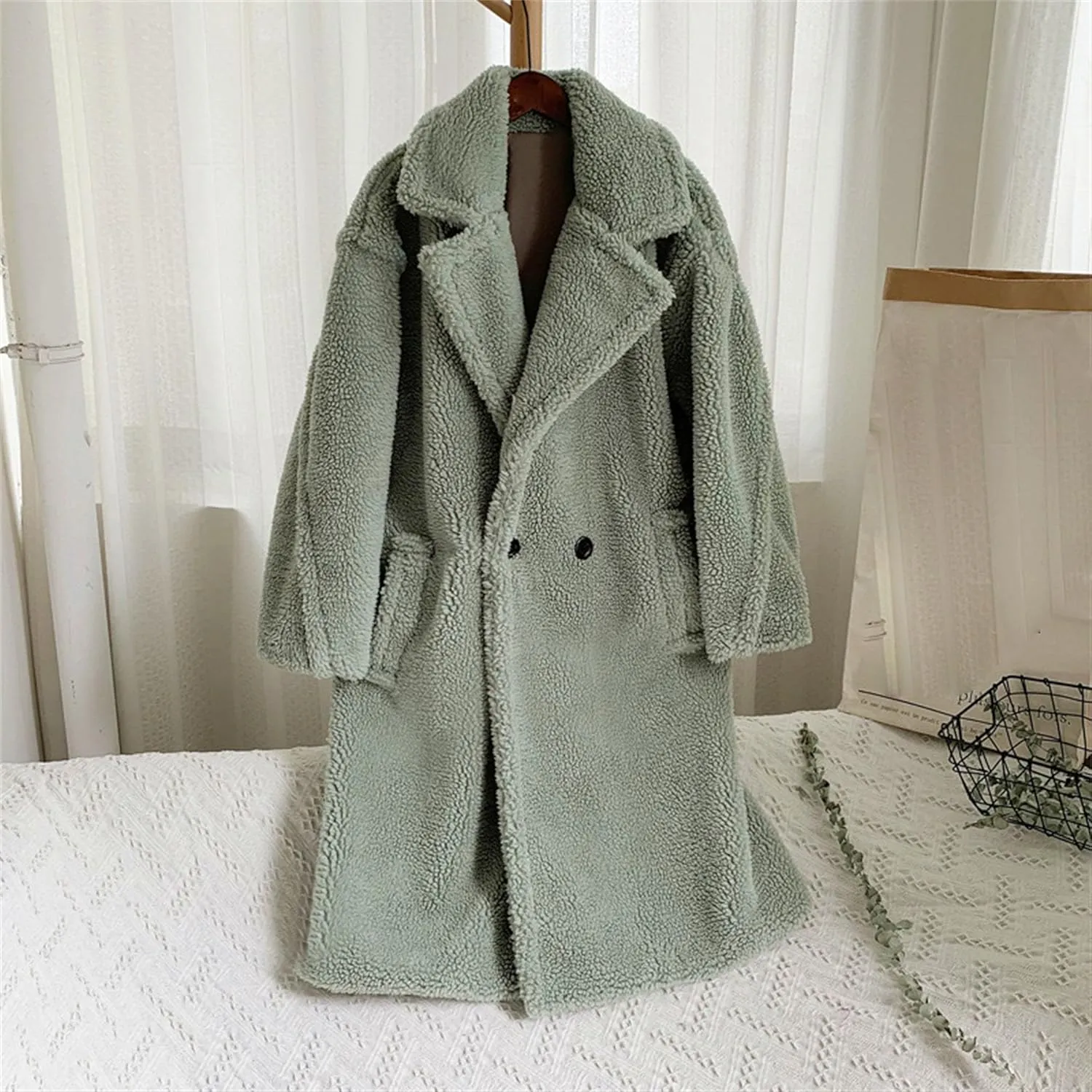 Women's Fleece Lapel Collar Trench Coat Open Front Long Cardigan Overcoat Winter Warm Outwear Jackets