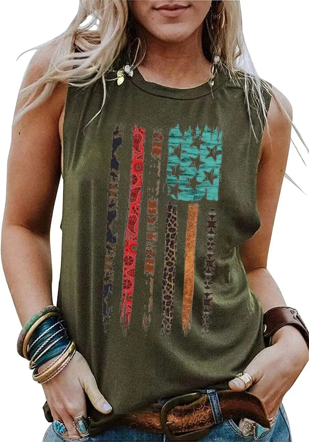 Womens Leopard American Flag Star Tank Tops Cute July 4th Independence Day Sunflower Graphic Tees T-Shirts