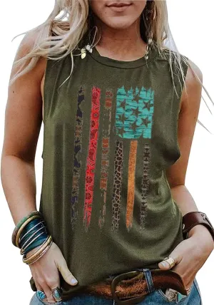 Womens Leopard American Flag Star Tank Tops Cute July 4th Independence Day Sunflower Graphic Tees T-Shirts