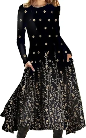 Women's Long Sleeve Boho Floral Midi Dress Flowy Casual Crewneck Vacation Vintage Long Tshirt Dress with Pockets