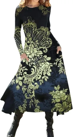 Women's Long Sleeve Boho Floral Midi Dress Flowy Casual Crewneck Vacation Vintage Long Tshirt Dress with Pockets