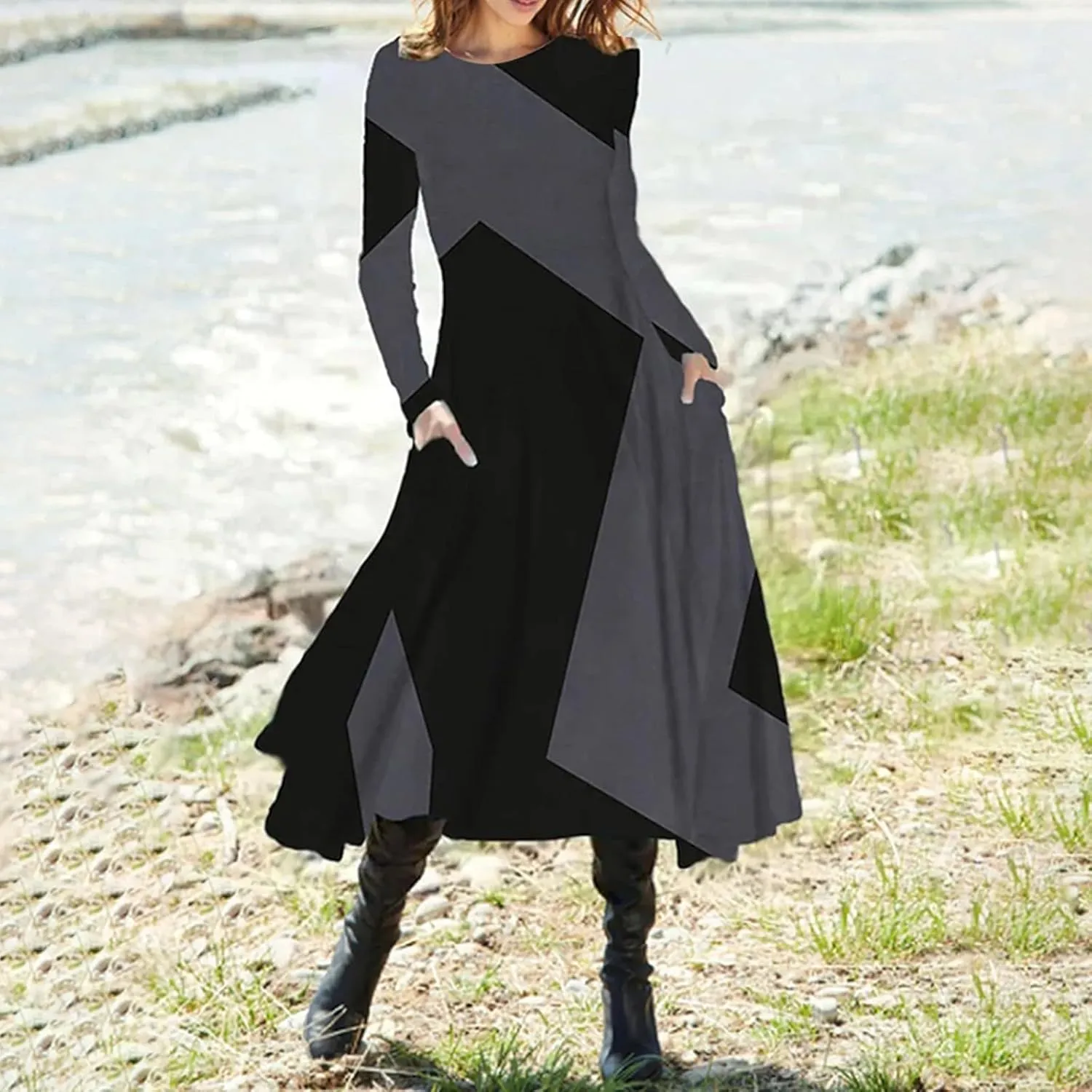 Women's Long Sleeve Boho Floral Midi Dress Flowy Casual Crewneck Vacation Vintage Long Tshirt Dress with Pockets