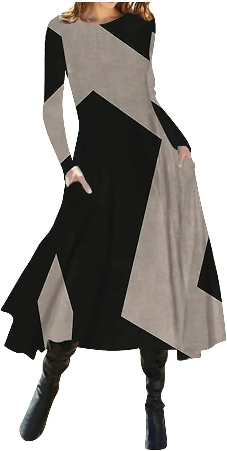 Women's Long Sleeve Boho Floral Midi Dress Flowy Casual Crewneck Vacation Vintage Long Tshirt Dress with Pockets