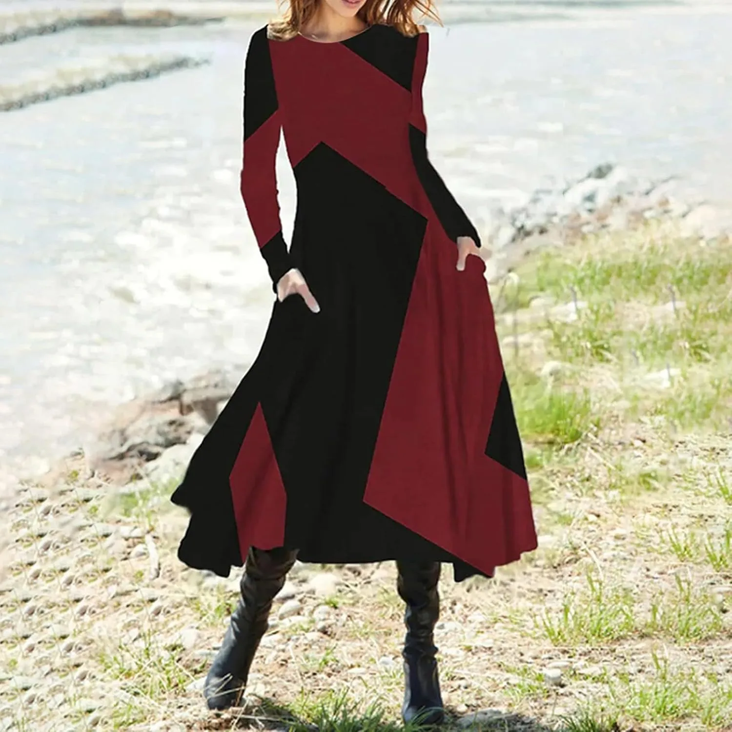 Women's Long Sleeve Boho Floral Midi Dress Flowy Casual Crewneck Vacation Vintage Long Tshirt Dress with Pockets