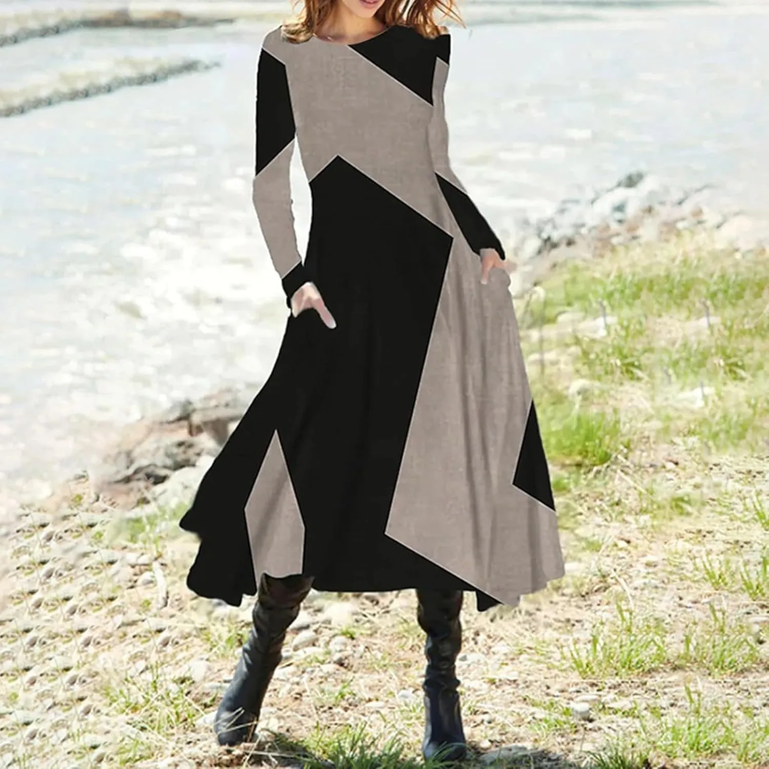 Women's Long Sleeve Boho Floral Midi Dress Flowy Casual Crewneck Vacation Vintage Long Tshirt Dress with Pockets