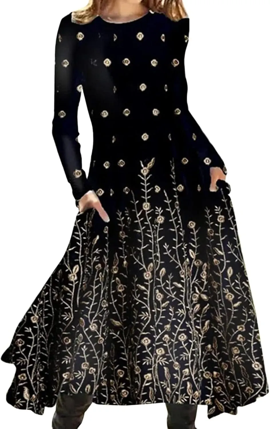 Women's Long Sleeve Boho Floral Midi Dress Flowy Casual Crewneck Vacation Vintage Long Tshirt Dress with Pockets