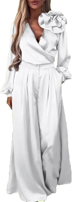 Womens Loose 2 Piece Satin Outfits with 3D Flower V Neck Long Sleeve Shirts Wide Leg Pants Set Casual Going Out Suit