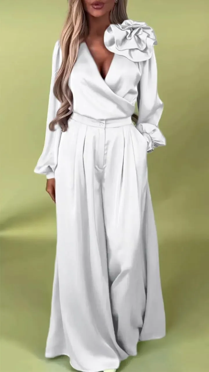 Womens Loose 2 Piece Satin Outfits with 3D Flower V Neck Long Sleeve Shirts Wide Leg Pants Set Casual Going Out Suit