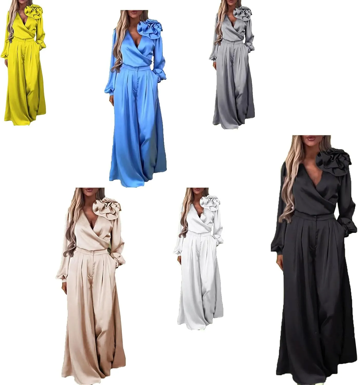 Womens Loose 2 Piece Satin Outfits with 3D Flower V Neck Long Sleeve Shirts Wide Leg Pants Set Casual Going Out Suit