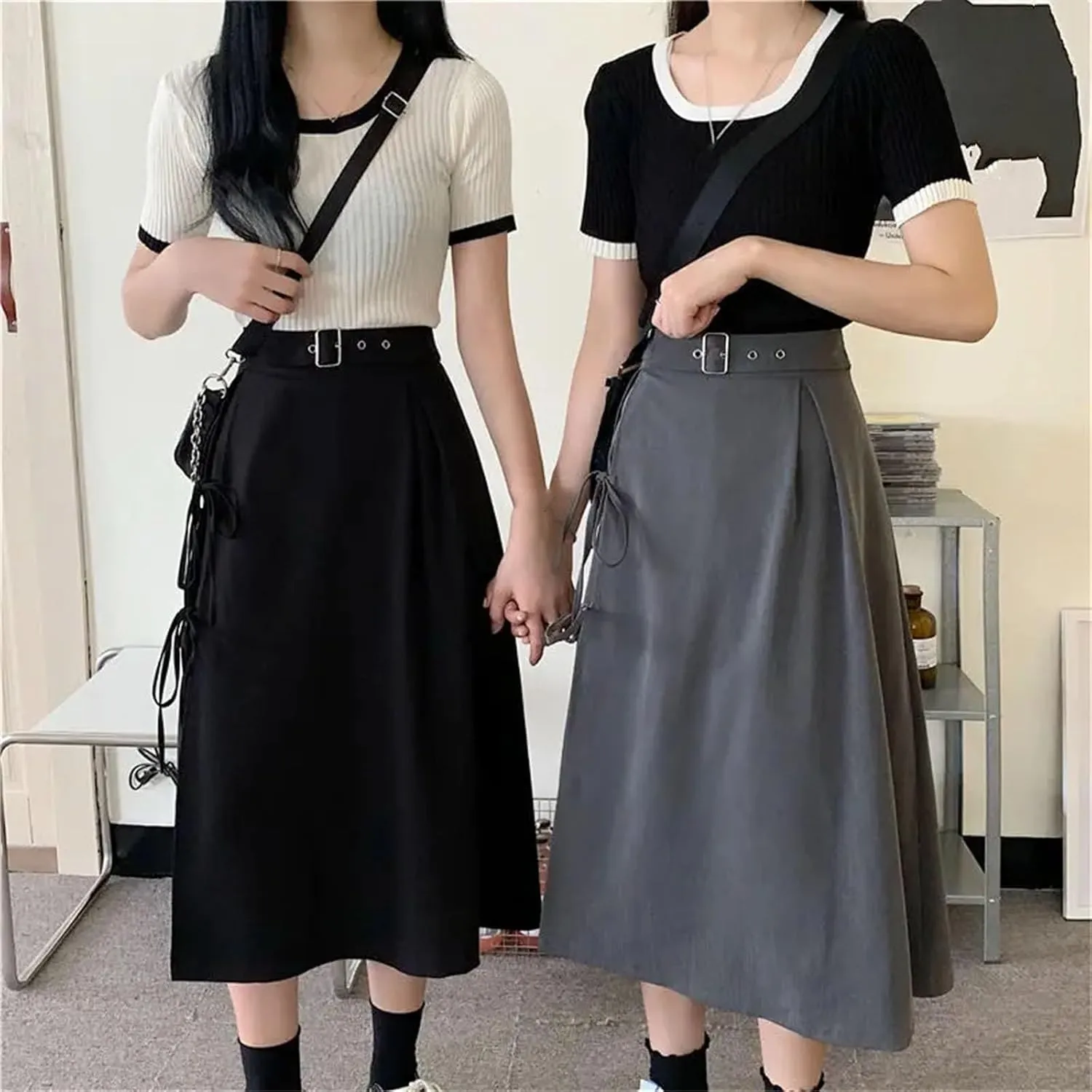 Women's Midi Skirts Casual High Waist Side Slits Belt Buckle Lace-Up Layered Sexy Skirts