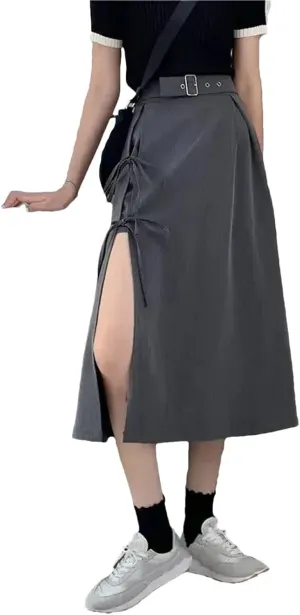 Women's Midi Skirts Casual High Waist Side Slits Belt Buckle Lace-Up Layered Sexy Skirts