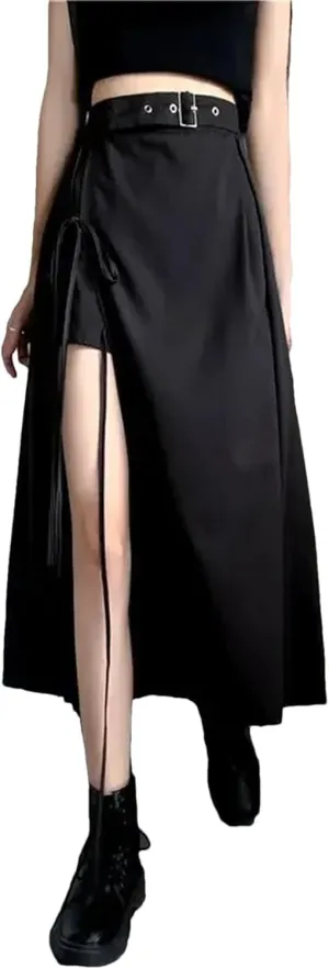 Women's Midi Skirts Casual High Waist Side Slits Belt Buckle Lace-Up Layered Sexy Skirts