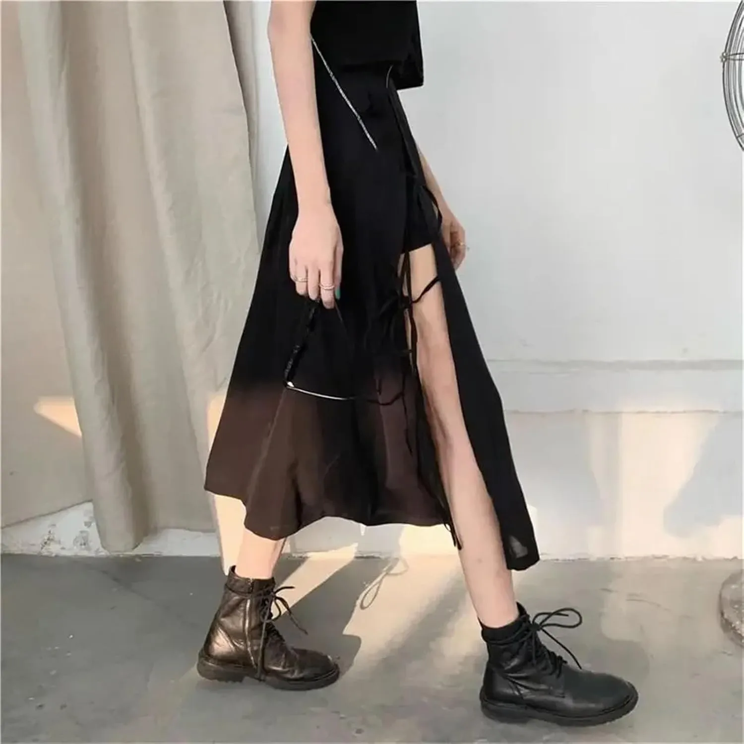 Women's Midi Skirts Casual High Waist Side Slits Belt Buckle Lace-Up Layered Sexy Skirts