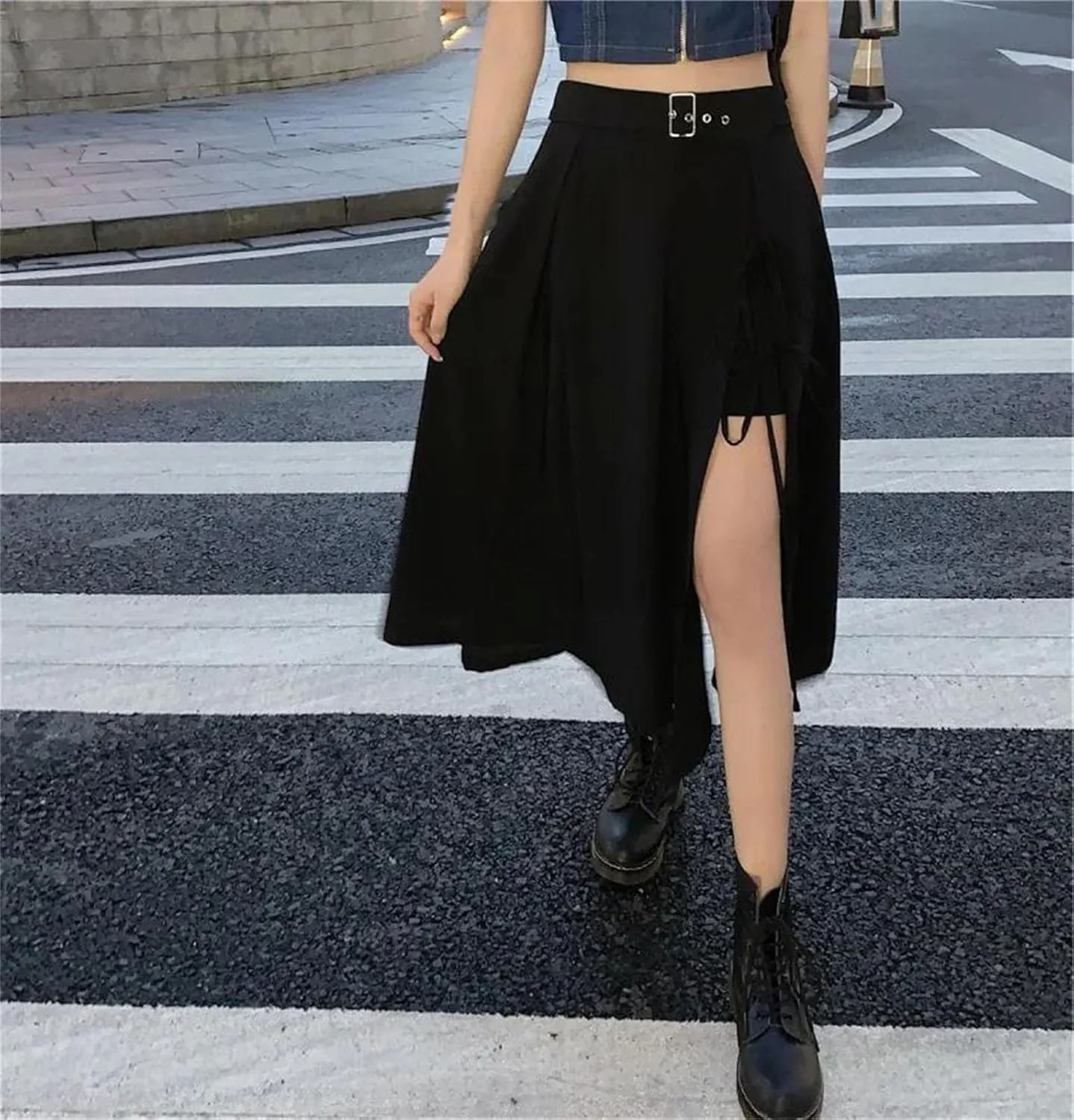 Women's Midi Skirts Casual High Waist Side Slits Belt Buckle Lace-Up Layered Sexy Skirts