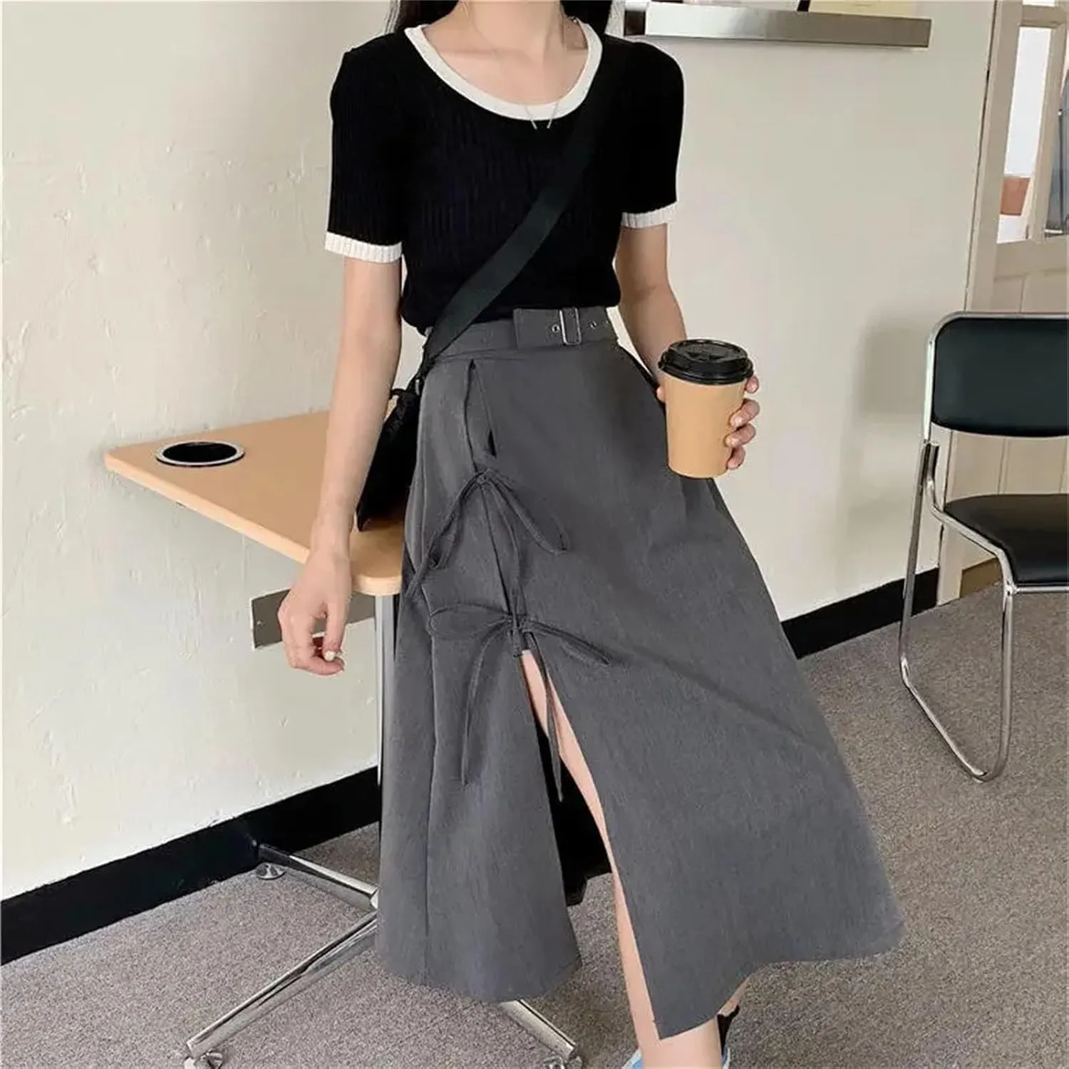 Women's Midi Skirts Casual High Waist Side Slits Belt Buckle Lace-Up Layered Sexy Skirts
