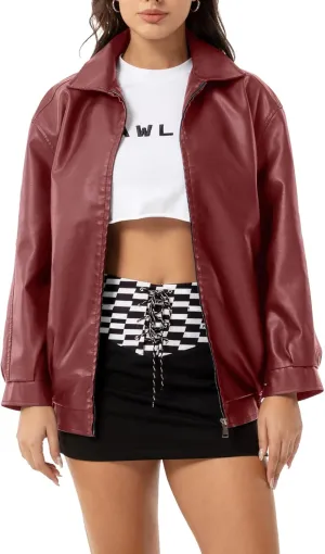 Womens Oversized Faux Leather Jackets Fashion Zip Up Motorcycle Loose Fit Jacket Fall Trendy Outfits