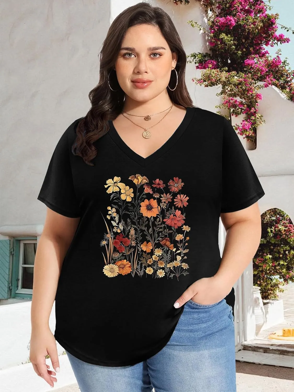 Womens Plus Size Tops Boho Floral Short Sleeve V Neck T-Shirt Casual Summer Wildflower Graphic Tees