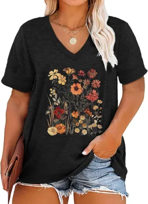 Womens Plus Size Tops Boho Floral Short Sleeve V Neck T-Shirt Casual Summer Wildflower Graphic Tees