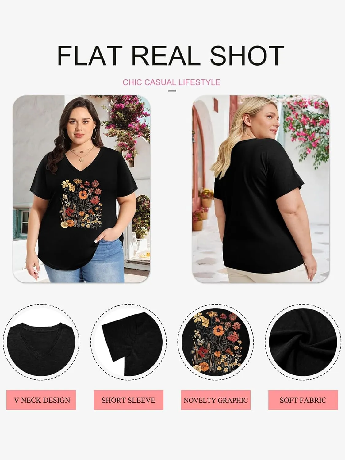 Womens Plus Size Tops Boho Floral Short Sleeve V Neck T-Shirt Casual Summer Wildflower Graphic Tees