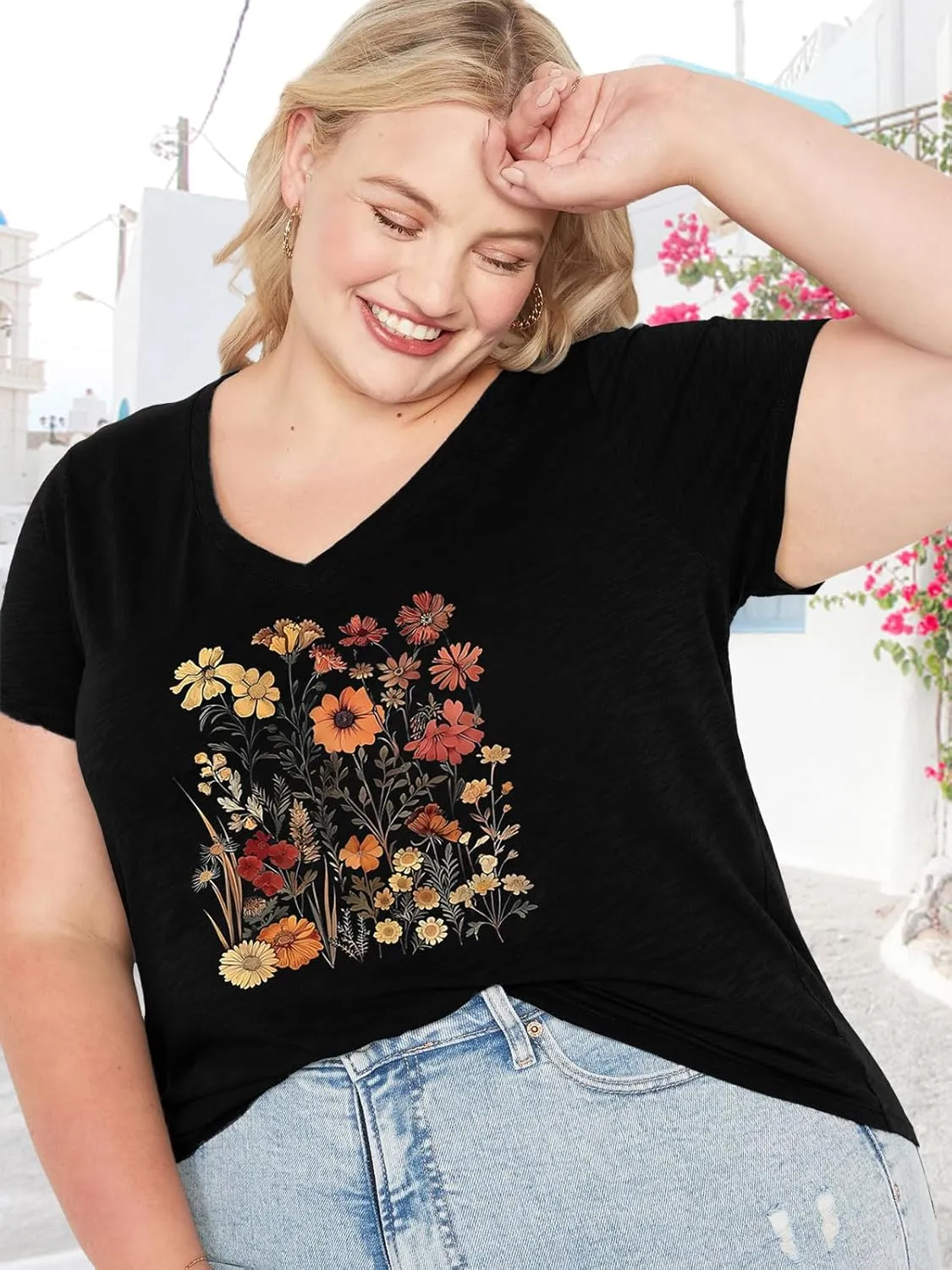Womens Plus Size Tops Boho Floral Short Sleeve V Neck T-Shirt Casual Summer Wildflower Graphic Tees