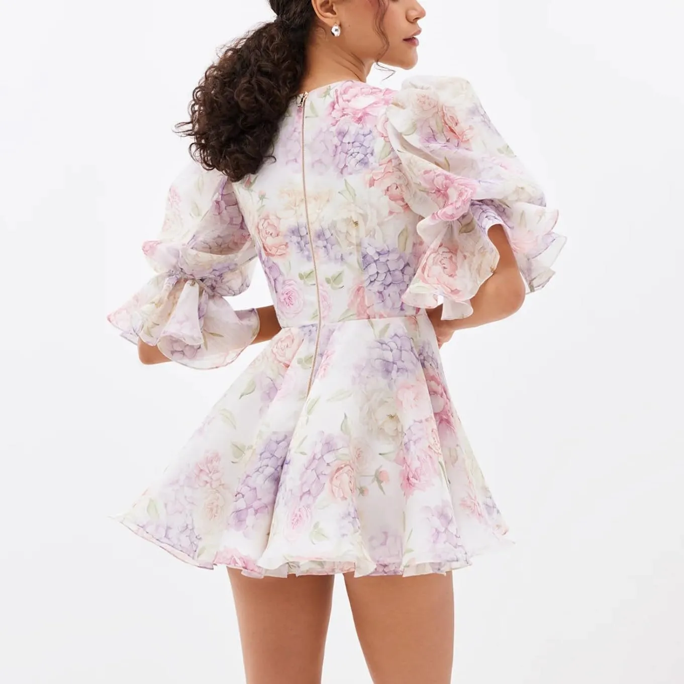 Women's Puffy Sleeves Tulle Dresses 3D Floral Embroidery Deep V Neck A Line Party Cocktail Mini Prom Dress