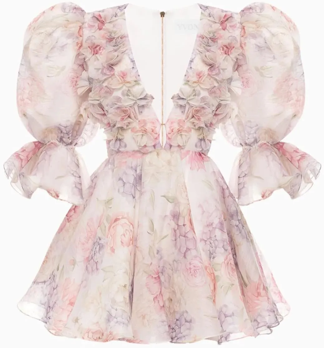 Women's Puffy Sleeves Tulle Dresses 3D Floral Embroidery Deep V Neck A Line Party Cocktail Mini Prom Dress