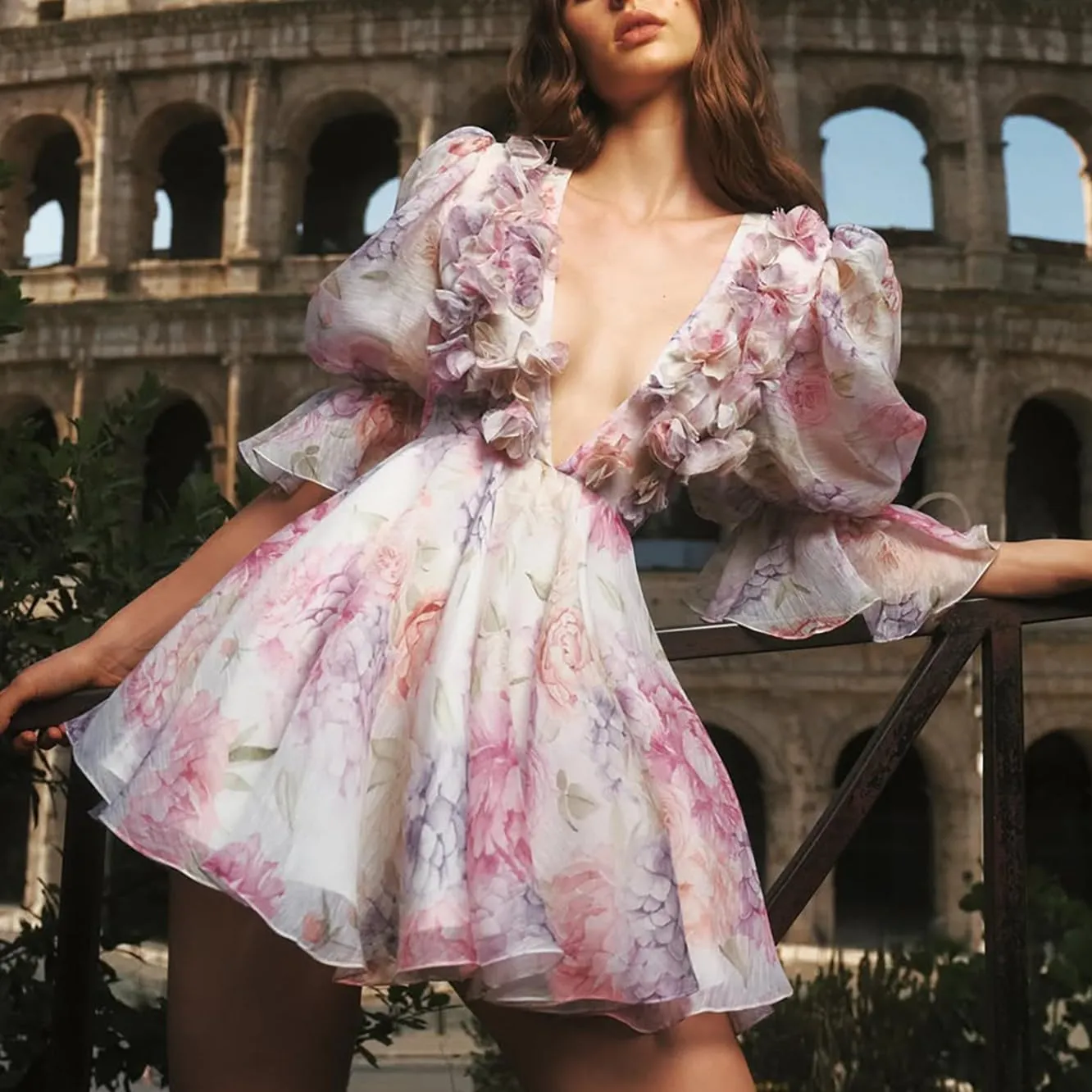 Women's Puffy Sleeves Tulle Dresses 3D Floral Embroidery Deep V Neck A Line Party Cocktail Mini Prom Dress