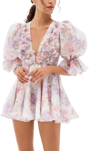 Women's Puffy Sleeves Tulle Dresses 3D Floral Embroidery Deep V Neck A Line Party Cocktail Mini Prom Dress
