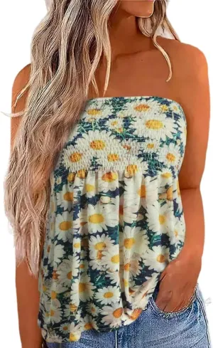 Womens Smocked Strapless Bandeau Tank Tops Floral Tube Tops Backless Bandeau Tunic Tops Sleeveless Shirts