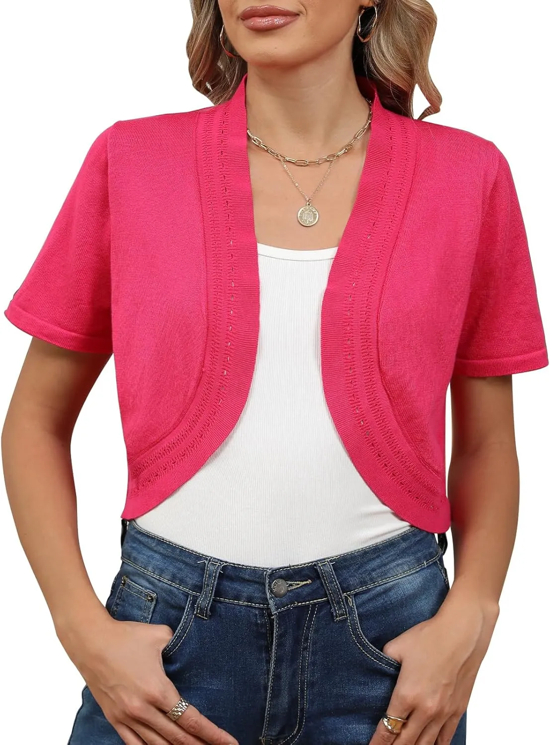 Women's Summer Short Sleeves Bolero Shrugs Cut Out Knit Cropped Open Front Lightweight Cardigan