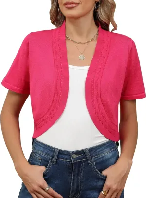 Women's Summer Short Sleeves Bolero Shrugs Cut Out Knit Cropped Open Front Lightweight Cardigan