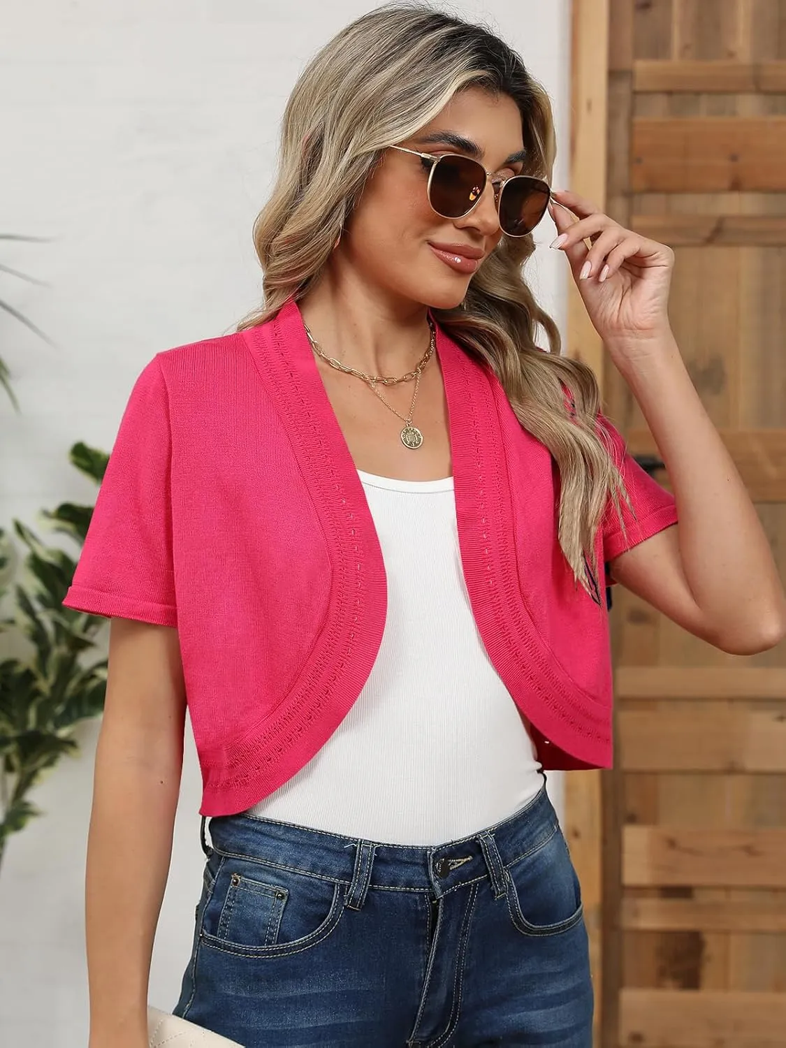 Women's Summer Short Sleeves Bolero Shrugs Cut Out Knit Cropped Open Front Lightweight Cardigan