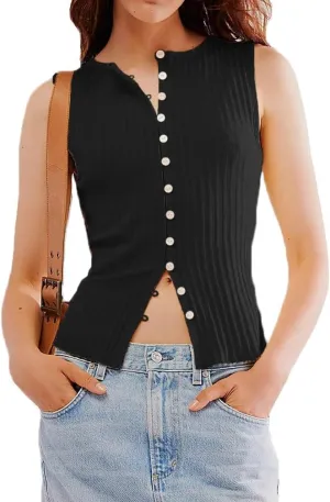 Womens Summer Sleeveless Slim Fitted Tank Tops Ribbed Knit Vest Button Down Y2k Shirts