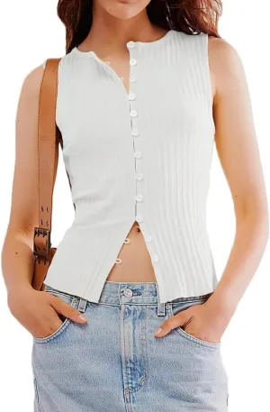 Womens Summer Sleeveless Slim Fitted Tank Tops Ribbed Knit Vest Button Down Y2k Shirts