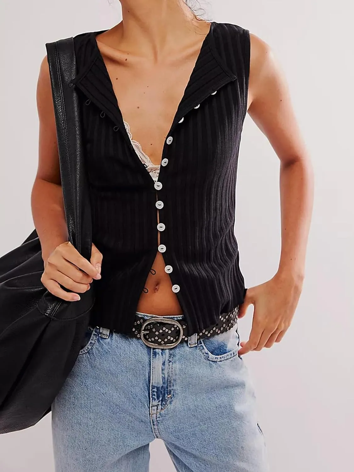 Womens Summer Sleeveless Slim Fitted Tank Tops Ribbed Knit Vest Button Down Y2k Shirts