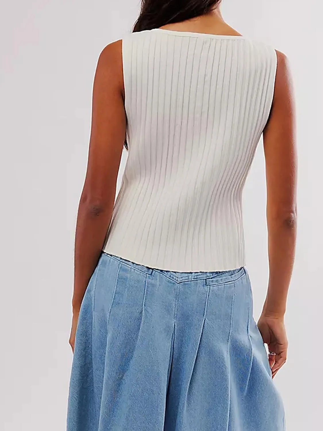 Womens Summer Sleeveless Slim Fitted Tank Tops Ribbed Knit Vest Button Down Y2k Shirts