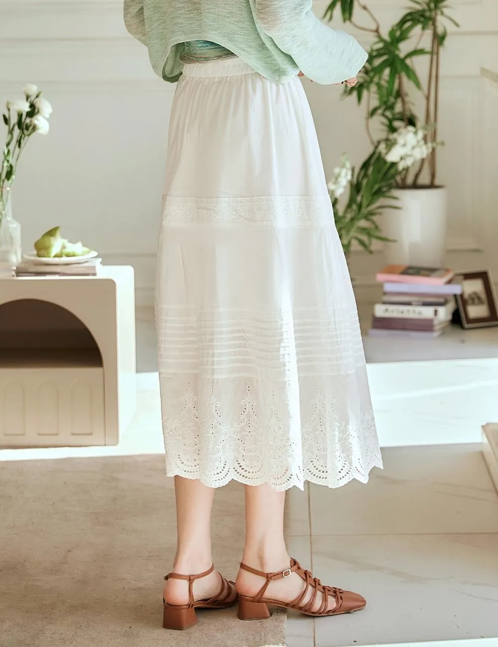 Women's White Cotton Bohemian Long Skirt, Elastic High Waist Eyelet Embroidered Lace Summer Beach Tiered Midi Dress