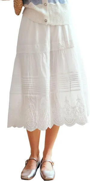 Women's White Cotton Bohemian Long Skirt, Elastic High Waist Eyelet Embroidered Lace Summer Beach Tiered Midi Dress
