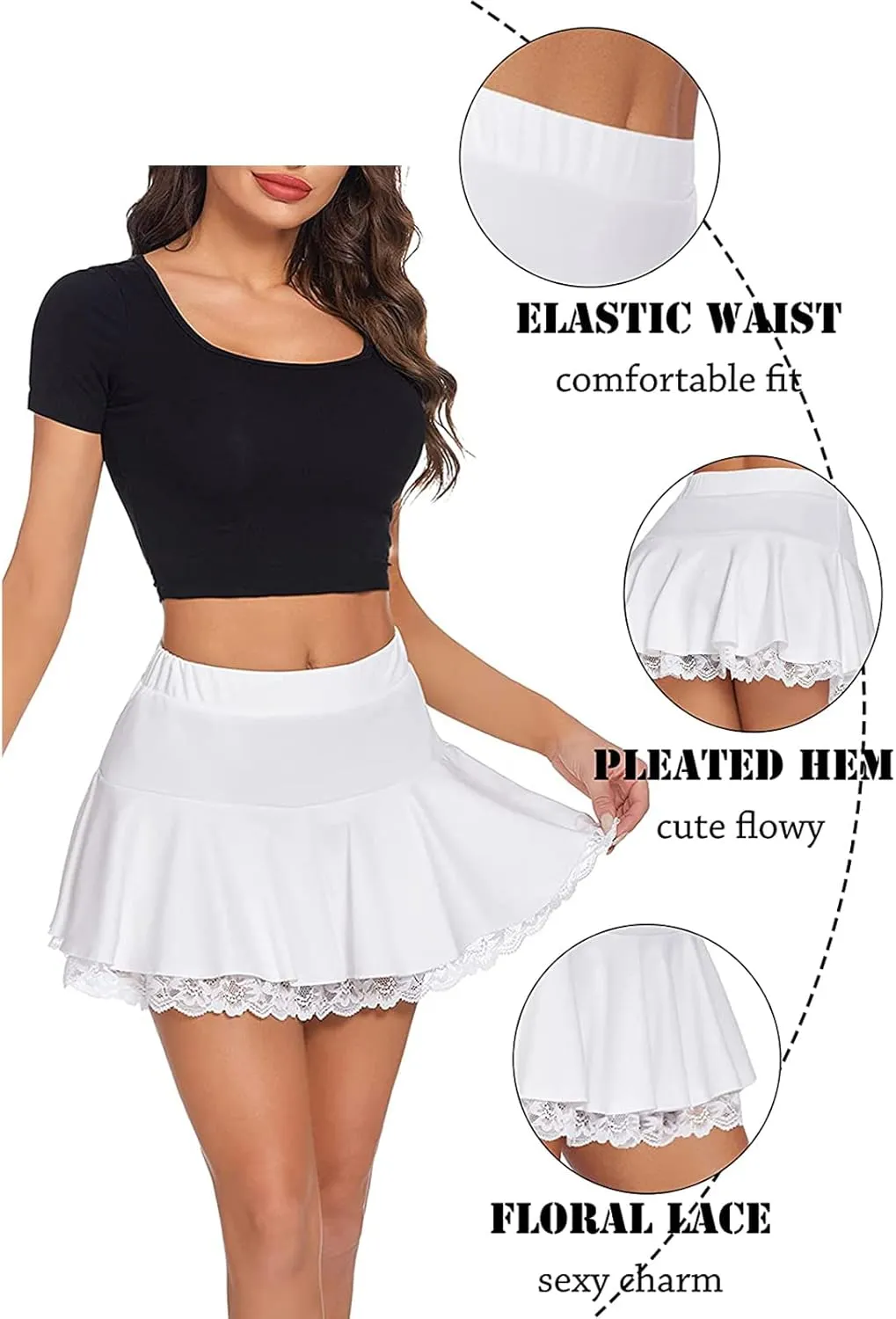 Womens Y2K Lace Mini Skirt Sexy Pleated Ruffle Lace Trim Layered Flowy Short Skirts Underskirt Aesthetic Streetwear