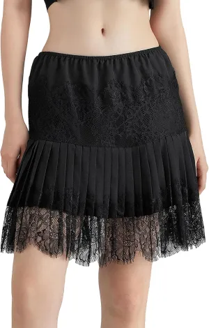 Womens Y2k Tiered Lace Mini Skirt Low Rise Pleated Ruffle Lace Trim Half Slip Skirt Layered Flowy Skirts Underskirt