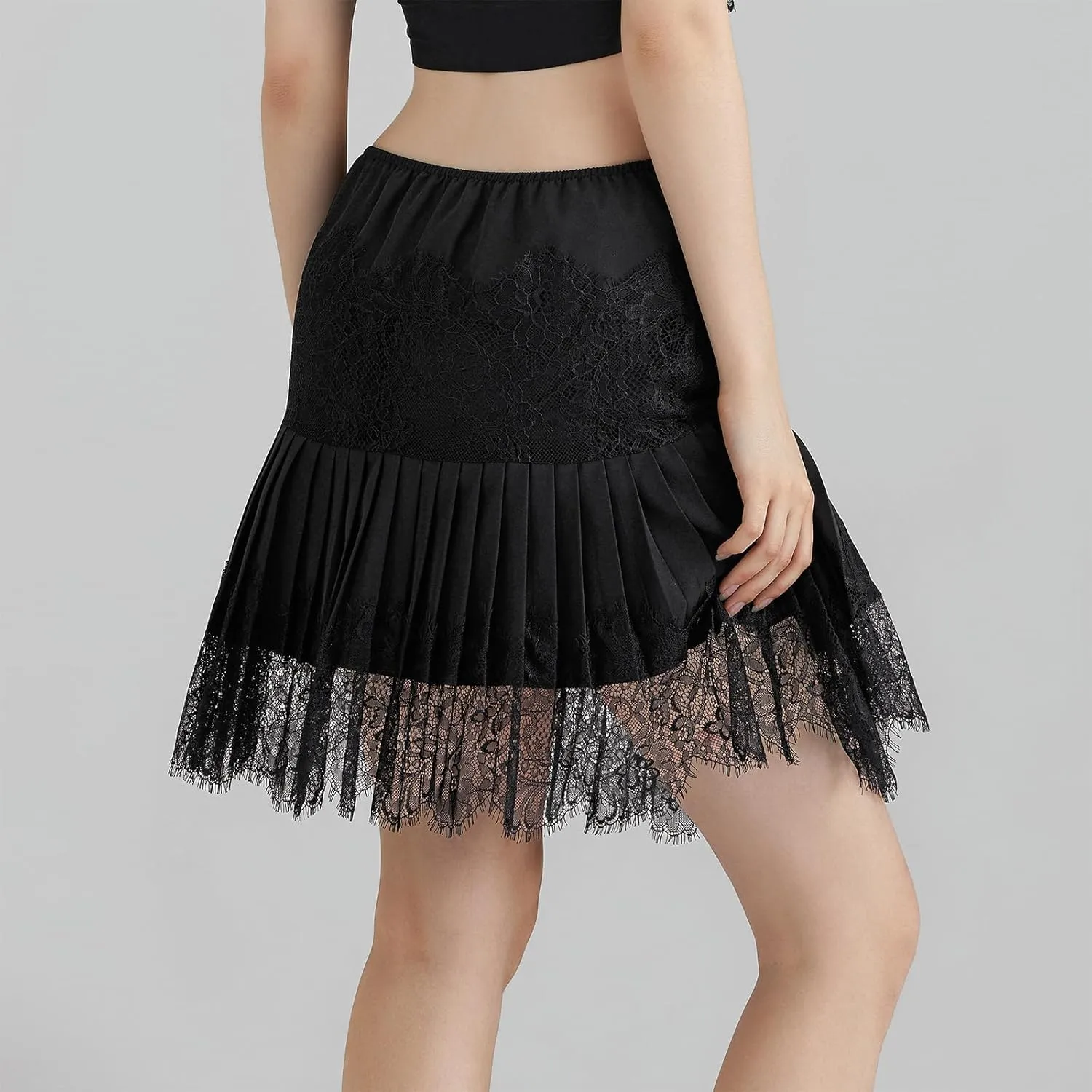 Womens Y2k Tiered Lace Mini Skirt Low Rise Pleated Ruffle Lace Trim Half Slip Skirt Layered Flowy Skirts Underskirt